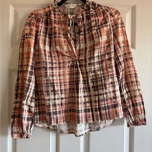 Joie Peach and Black Plaid Tie-Neck Blouse